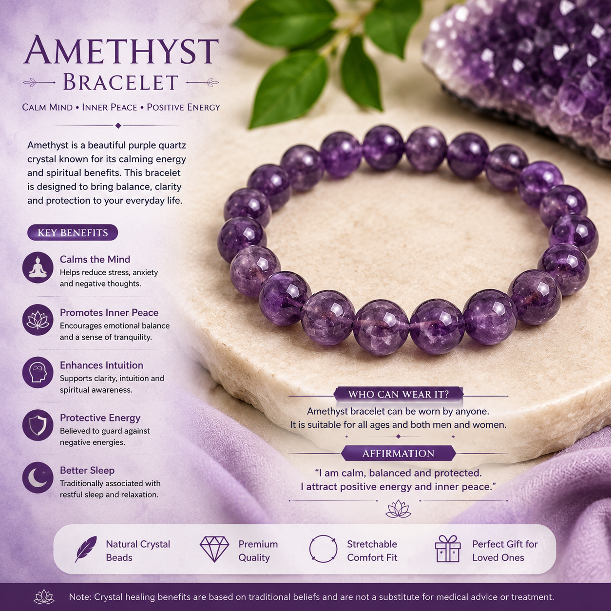 Amethyst Natural Amethyst Crystal Bracelet – Calm, Clarity & Inner Peace - Image 1