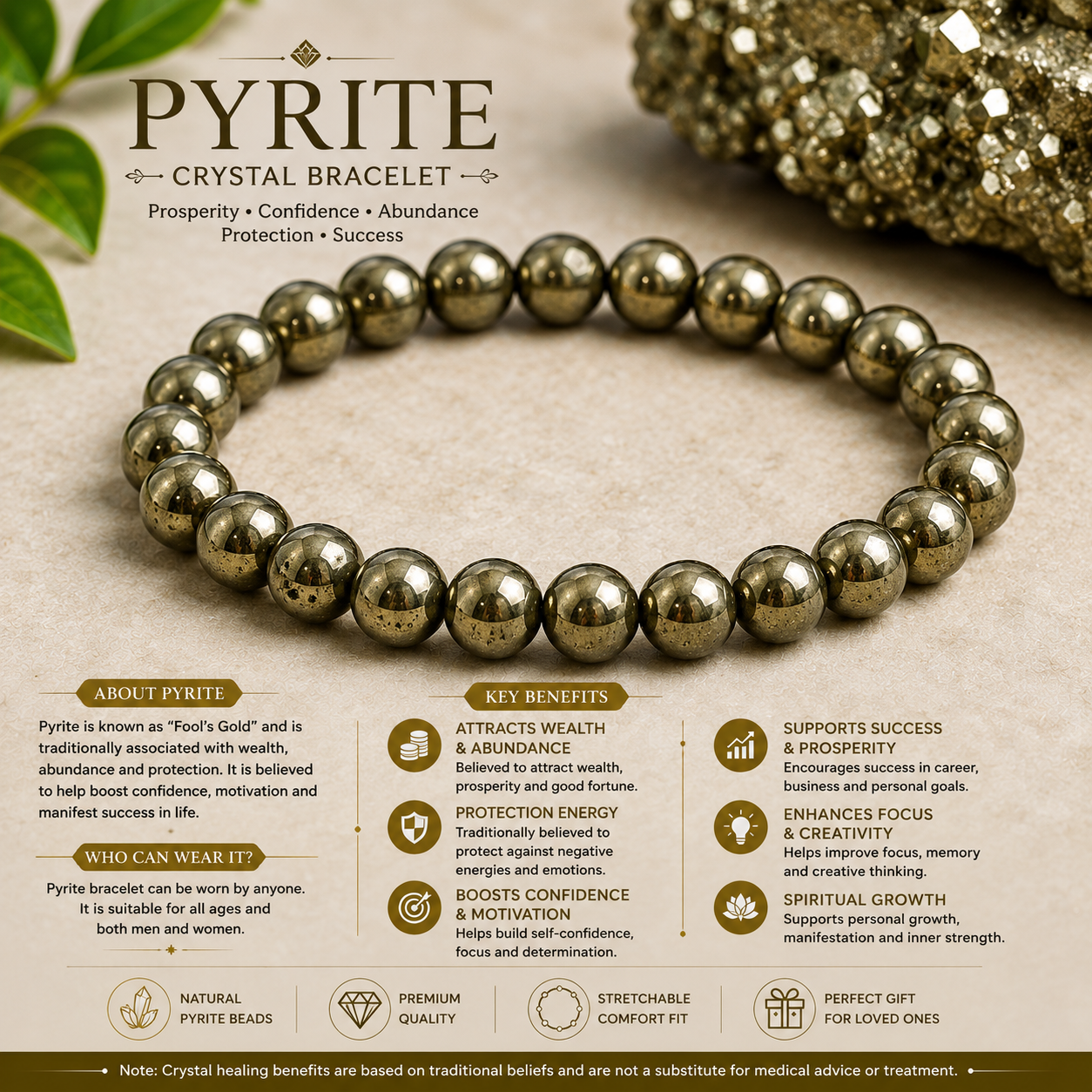 Crystal Natural Pyrite Crystal Bracelet – Prosperity, Confidence & Abundance - Image 1