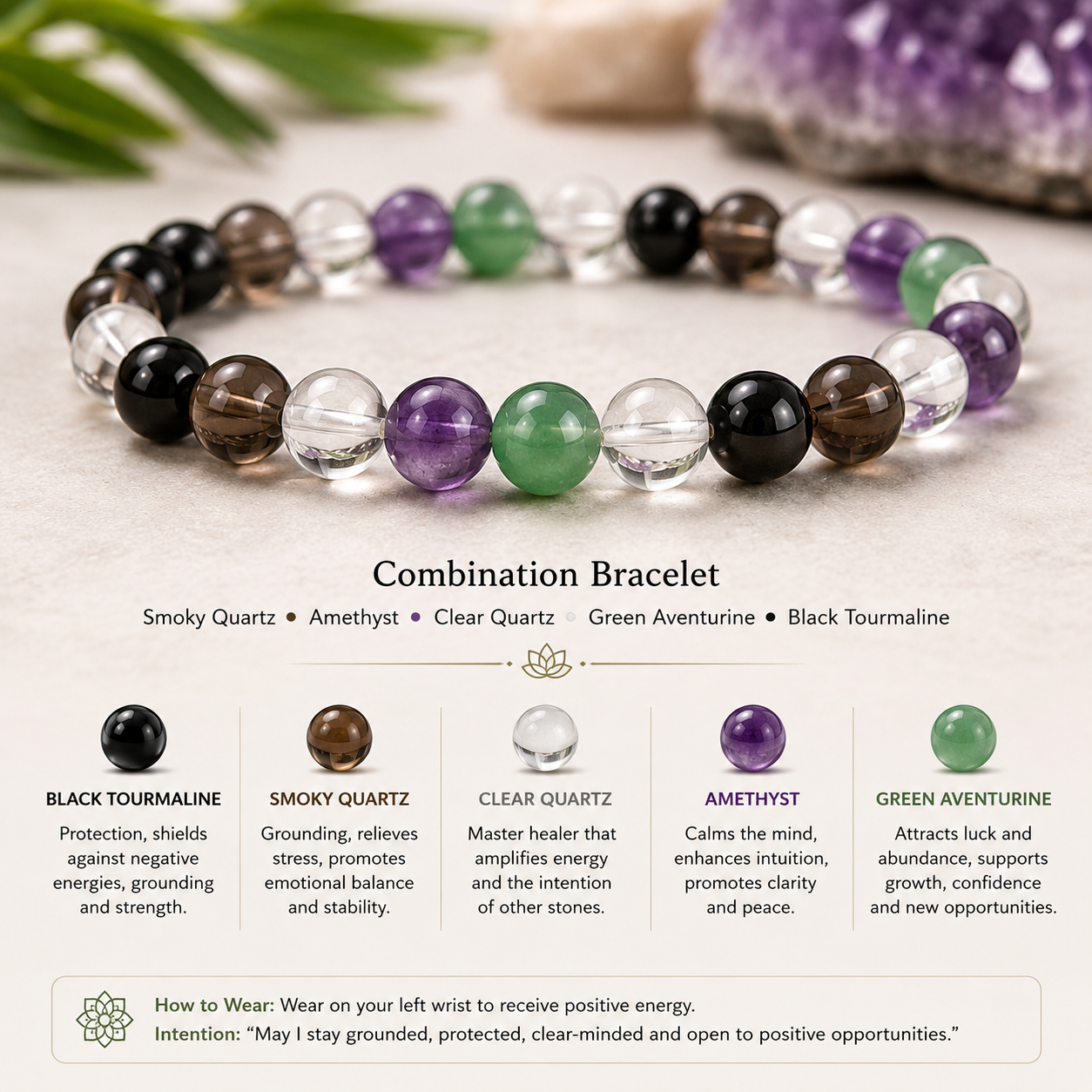 Mulank 4 Mulank 4 Numerology Bracelet – Black Tourmaline, Smoky Quartz, Clear Quartz, Amethyst & Green Aventurine - Image 1